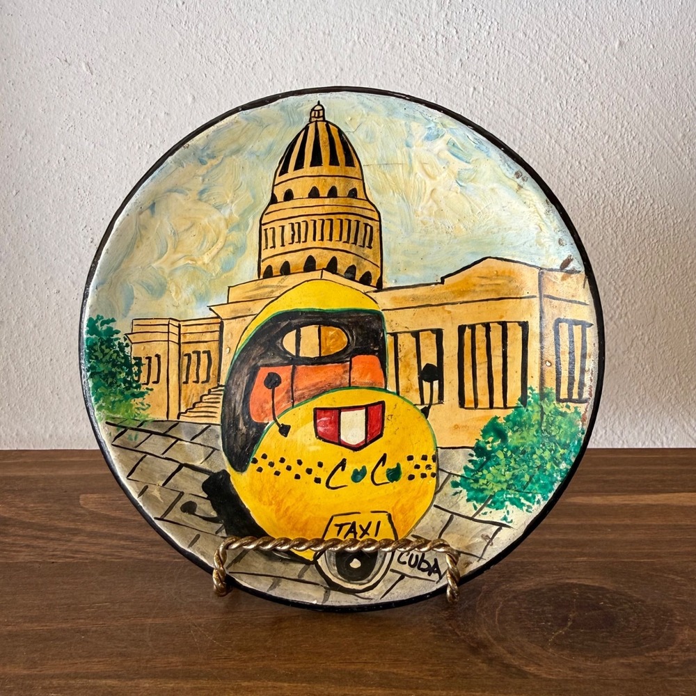 Vintage Cuba Hand Painted Clay Plate Havana Taxi Capitolio Folk Art